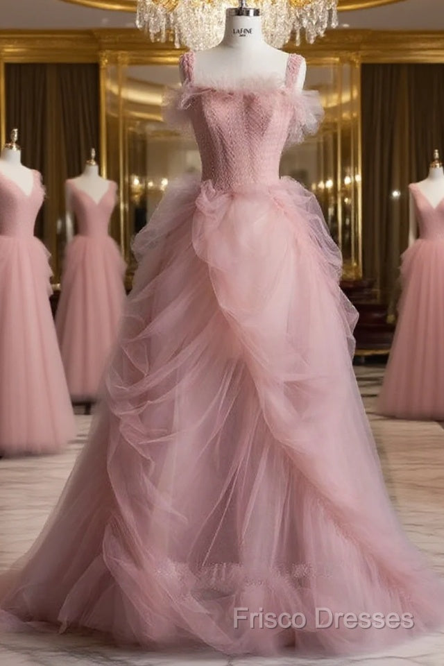 Fairy Ball Gown Straps Pink Tulle Formal Prom Dress For Teens