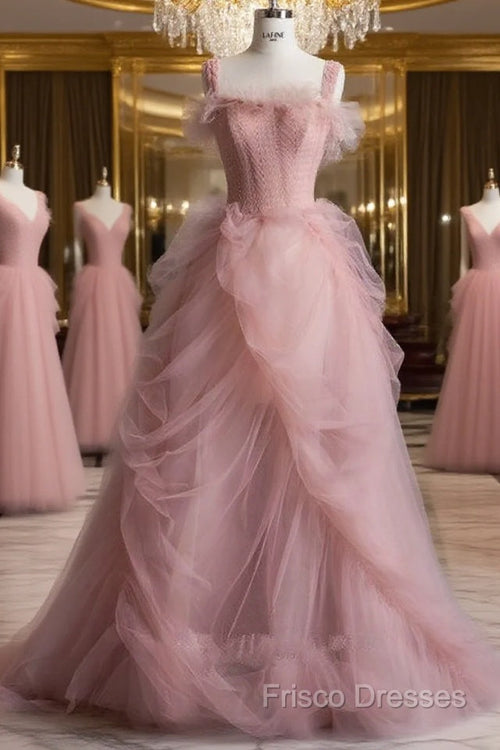 Fairy Ball Gown Straps Pink Tulle Formal Prom Dress For Teens