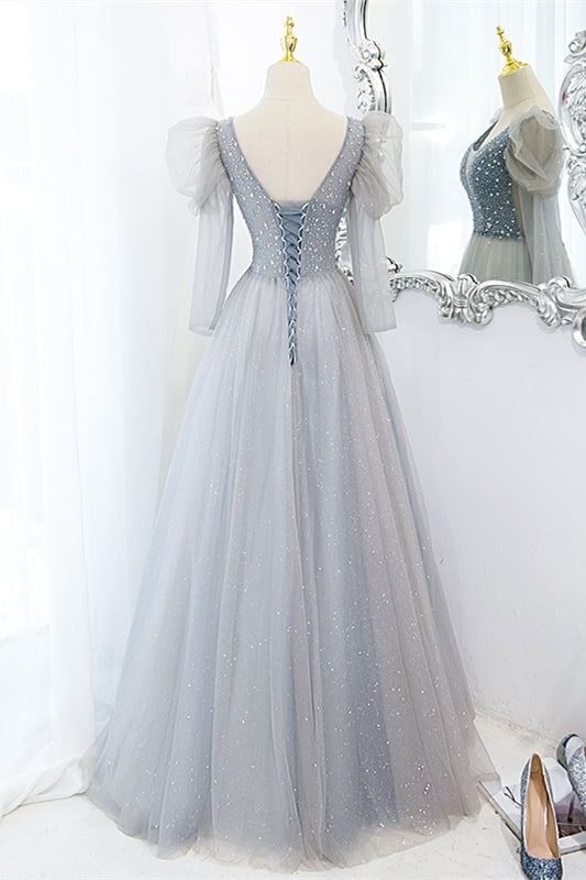 Fairy Grey Shiny A-line Long Formal Dress with Long Sleeves