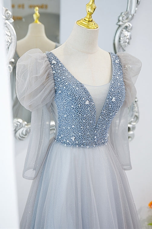 Fairy Grey Shiny A-line Long Formal Dress with Long Sleeves