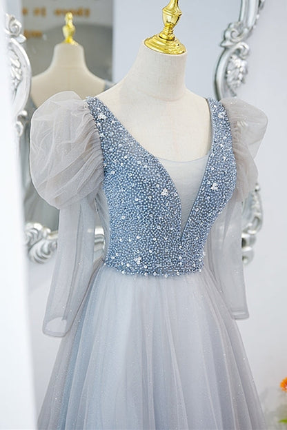 Fairy Grey Shiny A-line Long Formal Dress with Long Sleeves