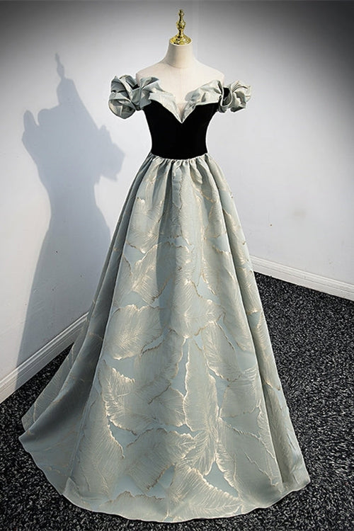 Fairy Off the Shoulder Black and Green Satin Long Prom Dress