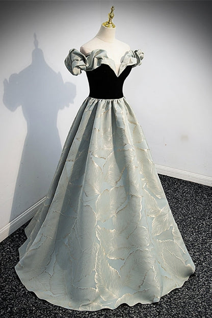 Fairy Off the Shoulder Black and Green Satin Long Prom Dress