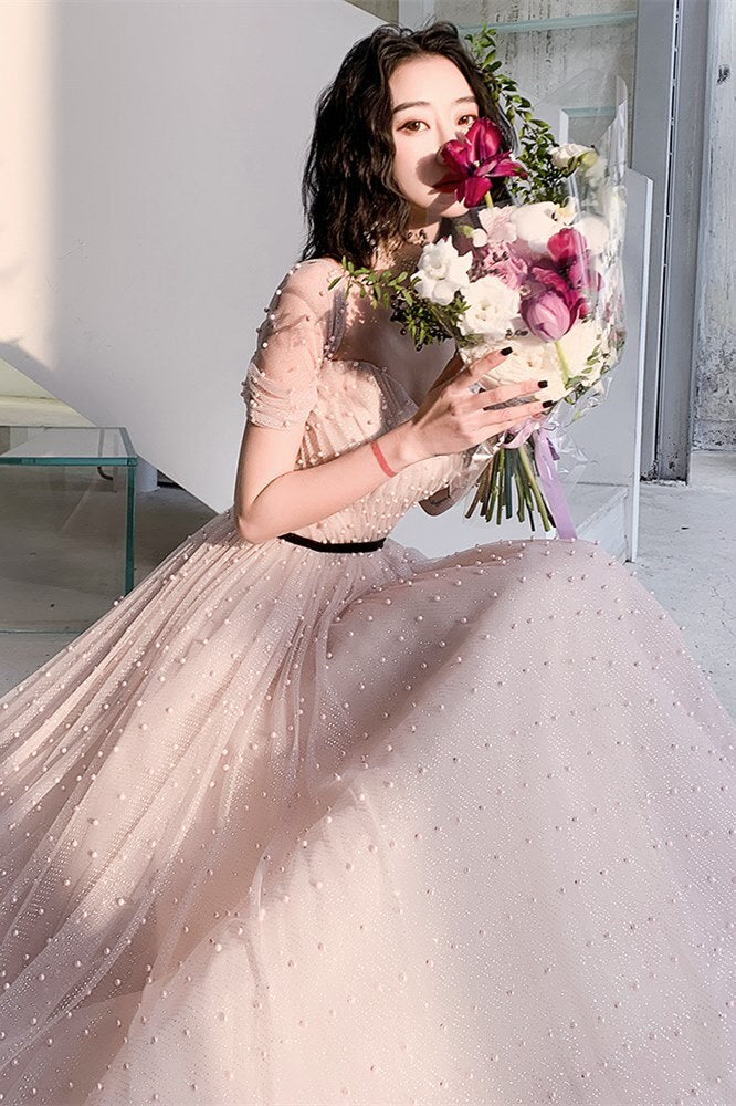 Fairy Off the Shoulder Pink Pearls Long Formal Dress