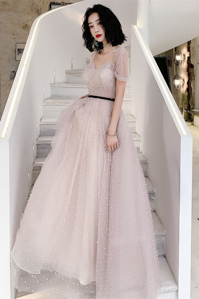 Fairy Off the Shoulder Pink Pearls Long Formal Dress
