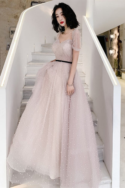Fairy Off the Shoulder Pink Pearls Long Formal Dress