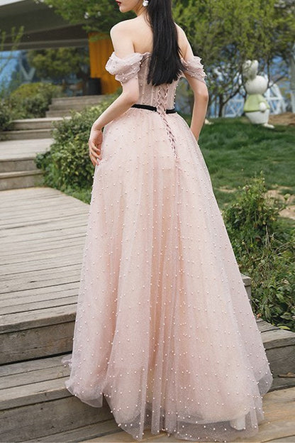 Fairy Off the Shoulder Pink Pearls Long Formal Dress