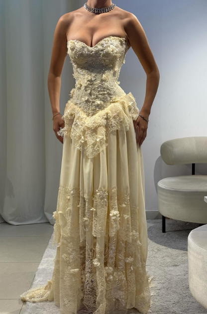Fairy Strapless Sheath Lace Applique Long Prom Dresses, Yellow Formal Evening Dresses