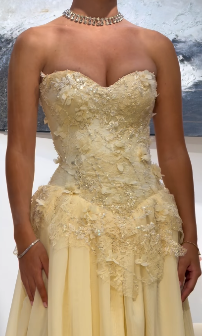Fairy Strapless Sheath Lace Applique Long Prom Dresses, Yellow Formal Evening Dresses