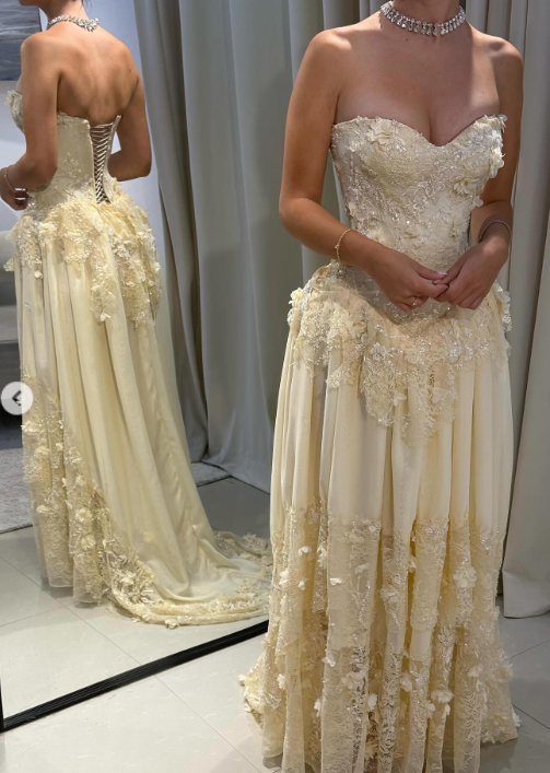 Fairy Strapless Sheath Lace Applique Long Prom Dresses, Yellow Formal Evening Dresses