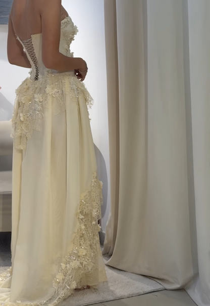 Fairy Strapless Sheath Lace Applique Long Prom Dresses, Yellow Formal Evening Dresses