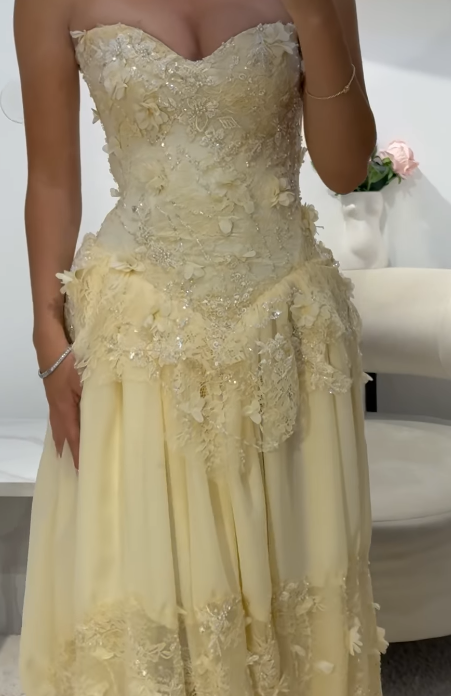 Fairy Strapless Sheath Lace Applique Long Prom Dresses, Yellow Formal Evening Dresses