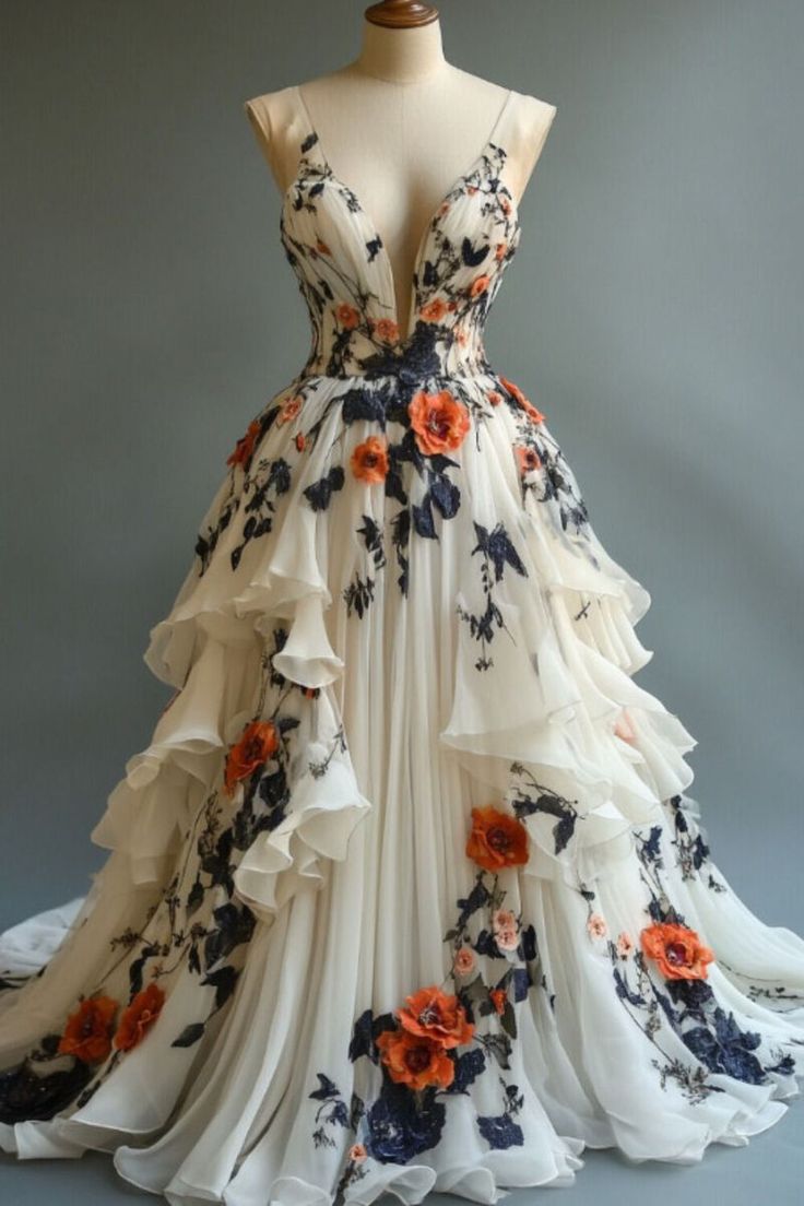 Fairytale A-line Wedding Dress Chiffon 3D Applique Evening Dress