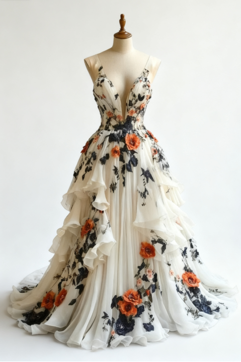 Fairytale A-line Wedding Dress Chiffon 3D Applique Evening Dress