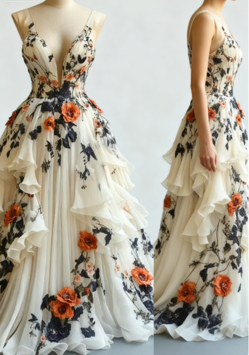 Fairytale A-line Wedding Dress Chiffon 3D Applique Evening Dress