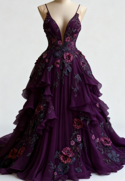Fairytale A-line Wedding Dress Chiffon 3D Applique Evening Dress