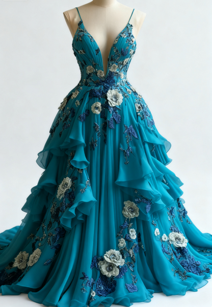 Fairytale A-line Wedding Dress Chiffon 3D Applique Evening Dress