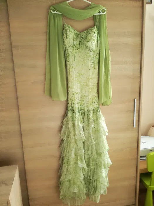 Fairytale Green Mermaid Vintage Party Dresses Sweetheart Chiffon Beaded Layed Prom Dresses