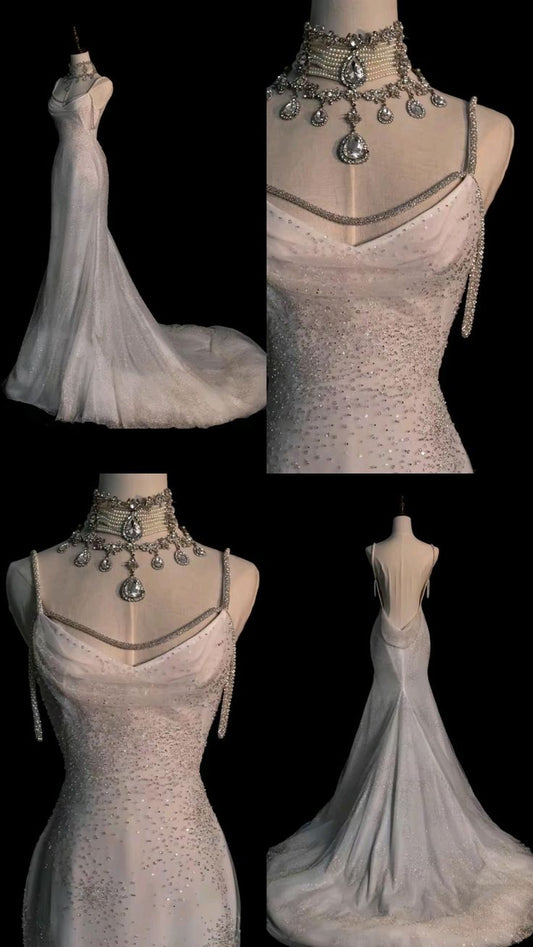 Fairytale Mermaid Spaghetti Straps Wedding Dresses Glittering Straps Backless Wedding Dress