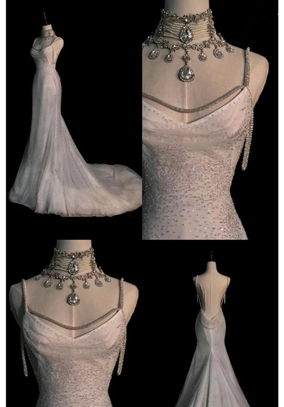 Fairytale Mermaid Spaghetti Straps Wedding Dresses Glittering Straps Backless Wedding Dress