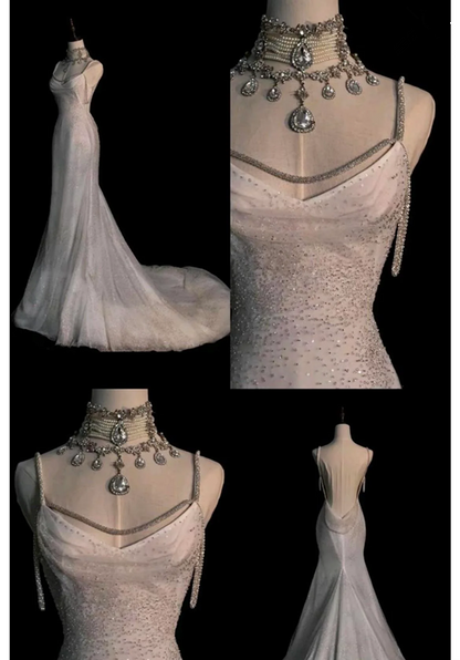 Fairytale Mermaid Spaghetti Straps Wedding Dresses Glittering Straps Backless Wedding Dress