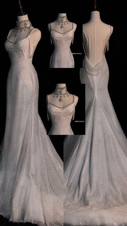 Fairytale Mermaid Wedding Dresses Glittering Straps Backless Wedding Dress