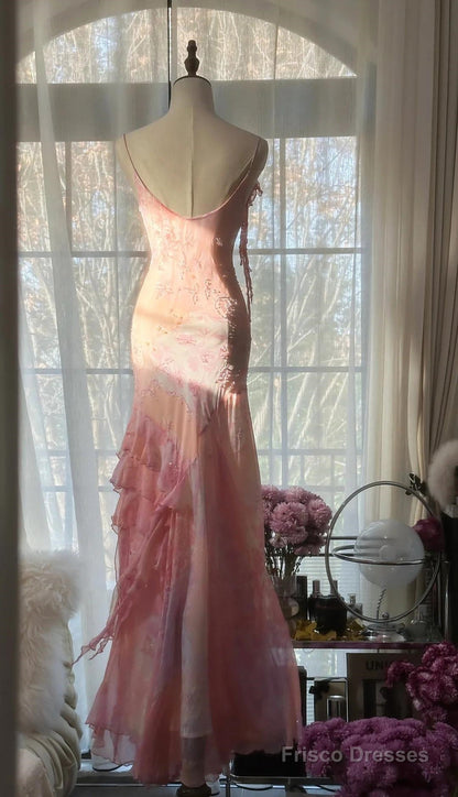 Fairytale Pink Mermaid Gown For Prom&Party-Vintage Spaghetti Strap Chiffon Beaded Long Evening Dress