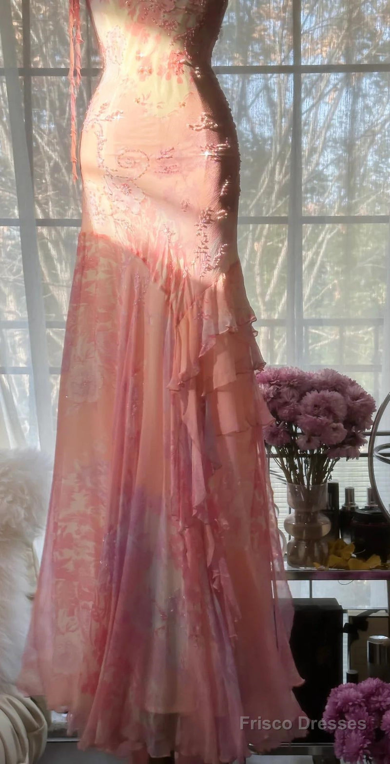 Fairytale Pink Mermaid Gown For Prom&Party-Vintage Spaghetti Strap Chiffon Beaded Long Evening Dress