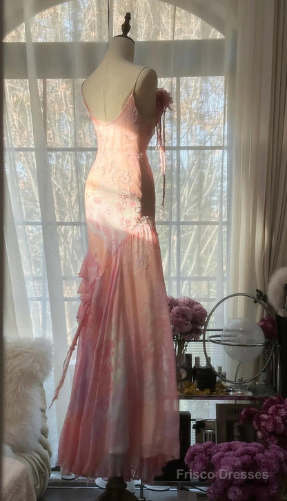 Fairytale Pink Mermaid Gown For Prom&Party-Vintage Spaghetti Strap Chiffon Beaded Long Evening Dress