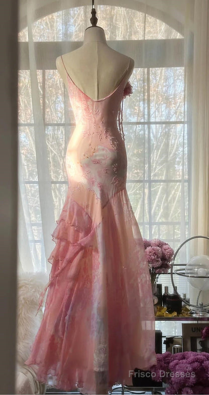Fairytale Pink Mermaid Gown For Prom&Party-Vintage Spaghetti Strap Chiffon Beaded Long Evening Dress