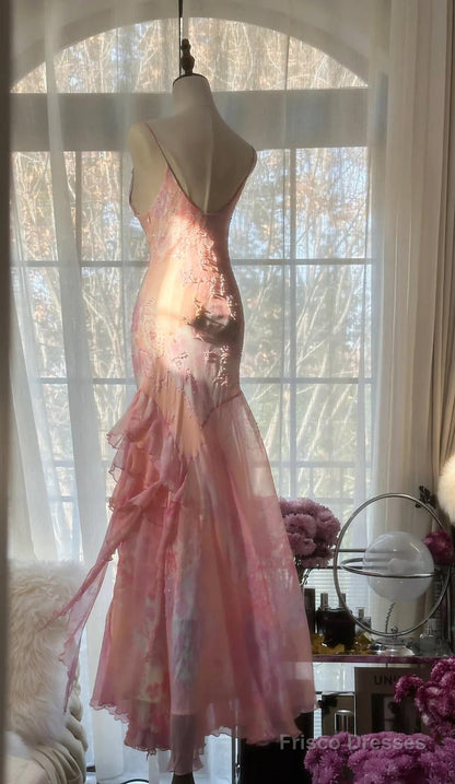 Fairytale Pink Mermaid Gown For Prom&Party-Vintage Spaghetti Strap Chiffon Beaded Long Evening Dress