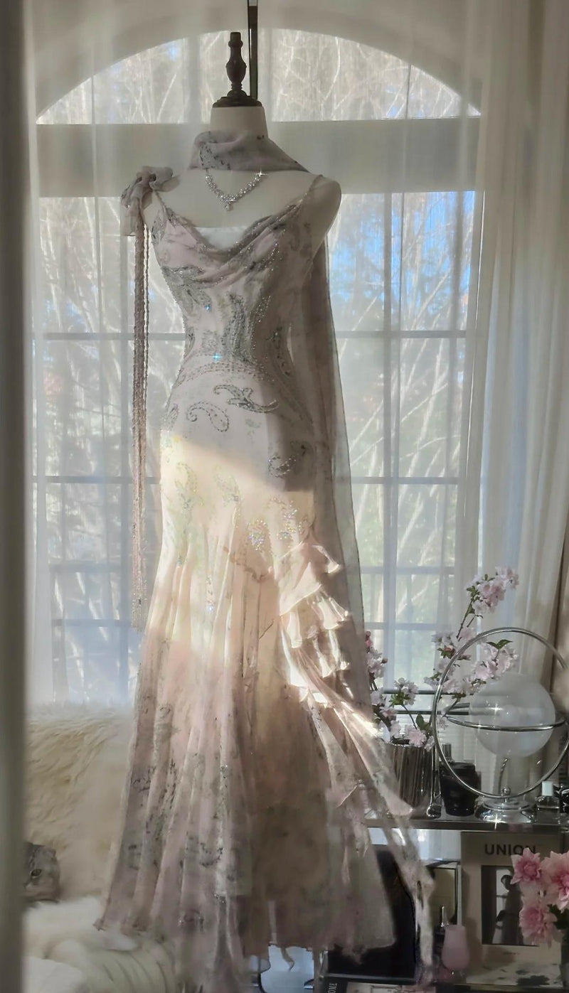 Gentle Pink Mermaid Spaghetti Strap Chiffon Beaded Applique Long Prom Dress