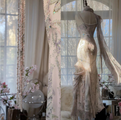 Fairytale Pink Spaghetti Straps Mermaid Evening Gowns Vintage Elegant Beaded Silk Long Prom Dress Guest Dresses