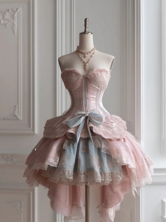 Fairytale Pink Sweetheart Neck A-Line Tulle Lace Lolita Prom Dresses Sweet Homecoming Dress