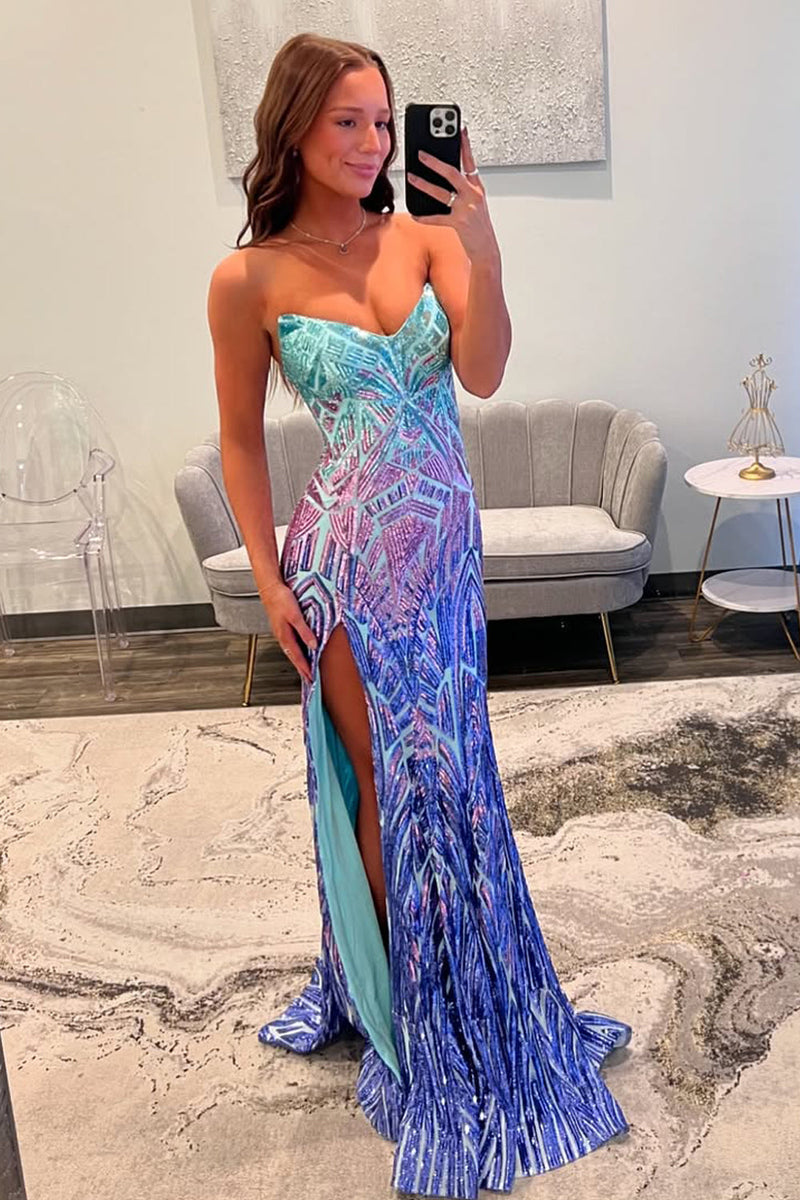 Fashion Mermaid V Neck Sequins Long Prom Dress with Slit