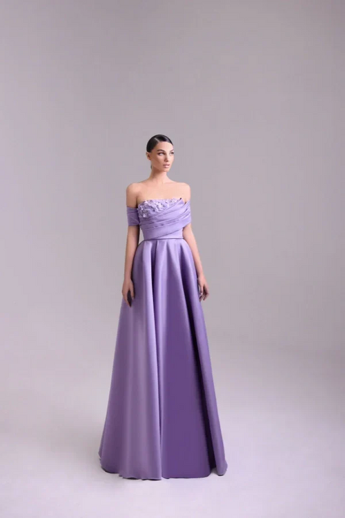 Fashion Purple Off-the-Shoulder Prom Dress A-Line Pleated with Flower