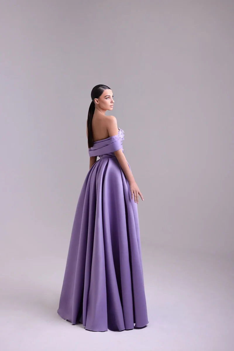 Fashion Purple Off-the-Shoulder Prom Dress A-Line Pleated with Flower