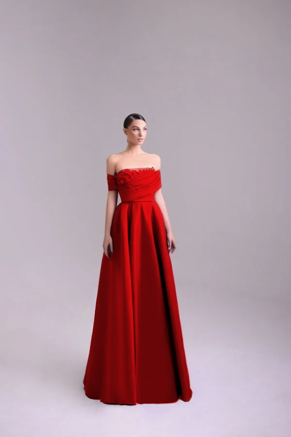 Fashion Purple Off-the-Shoulder Prom Dress A-Line Pleated with Flower