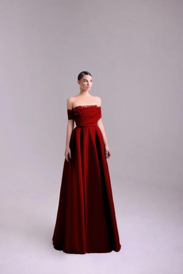 Fashion Purple Off-the-Shoulder Prom Dress A-Line Pleated with Flower