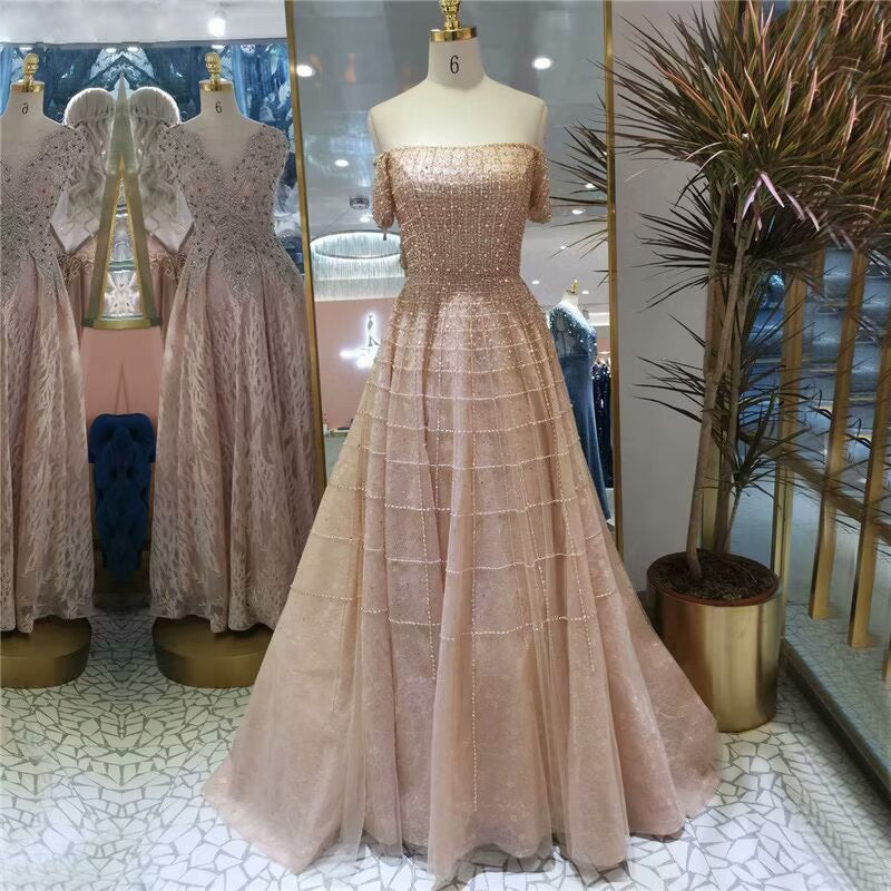 Fashion Sequins Off Shouder Prom Dress Long Sleeve Pleated A Line Dress LM0053