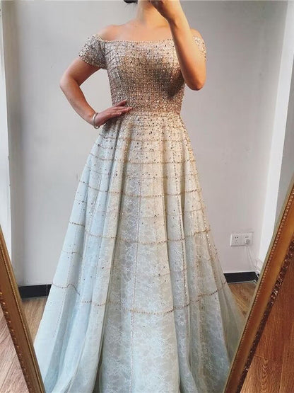 Fashion Sequins Off Shouder Prom Dress Long Sleeve Pleated A Line Dress LM0053