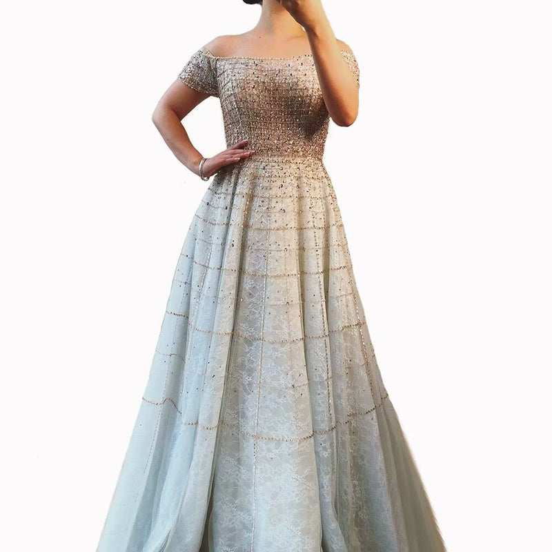 Fashion Sequins Off Shouder Prom Dress Long Sleeve Pleated A Line Dress LM0053