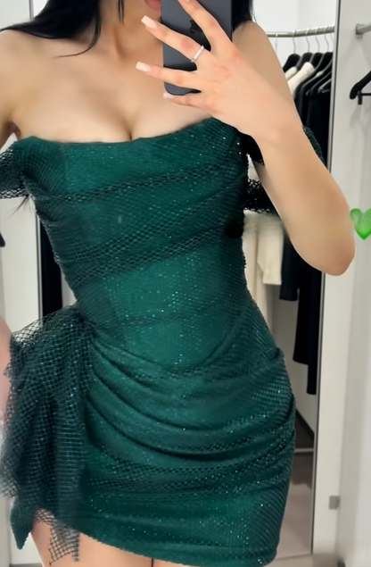 Fashion Sheath Off-shoulder Birthday Dress Glitter Tulle Dark Green Homecoming Dress Sleeveless Formal Dress