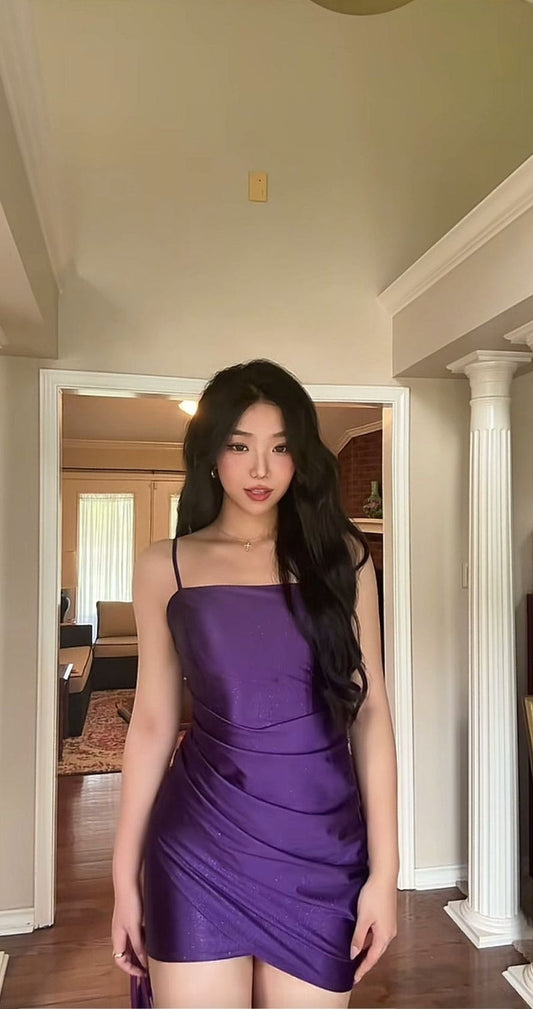 Fashion Tight Homecoming Dresses Satin Spaghetti Strap Short Prom Dresses Purple Birthday Dresses