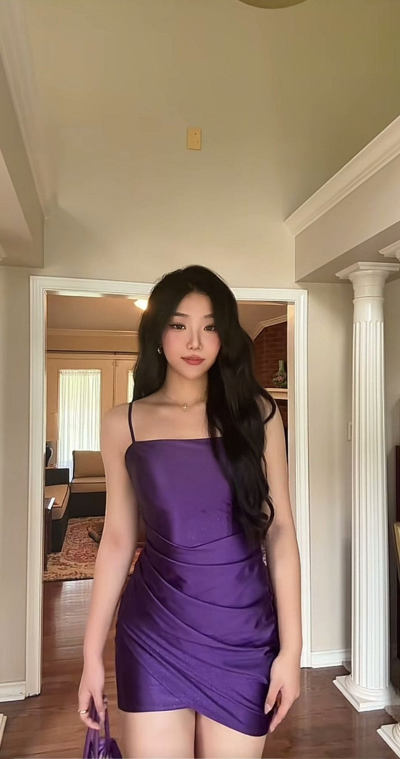 Fashion Tight Homecoming Dresses Satin Spaghetti Strap Short Prom Dresses Purple Birthday Dresses