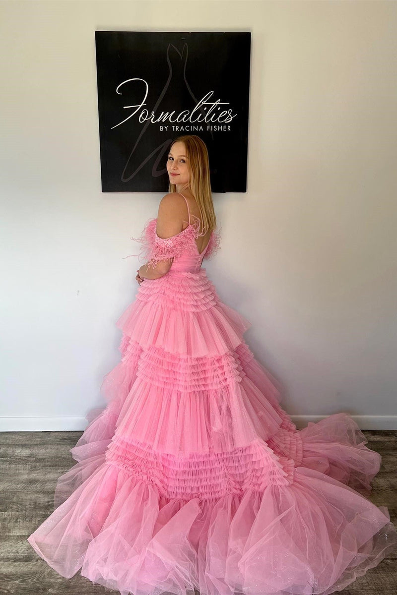 Feather Straps Pink Tiered Ruffle Long Formal Dress