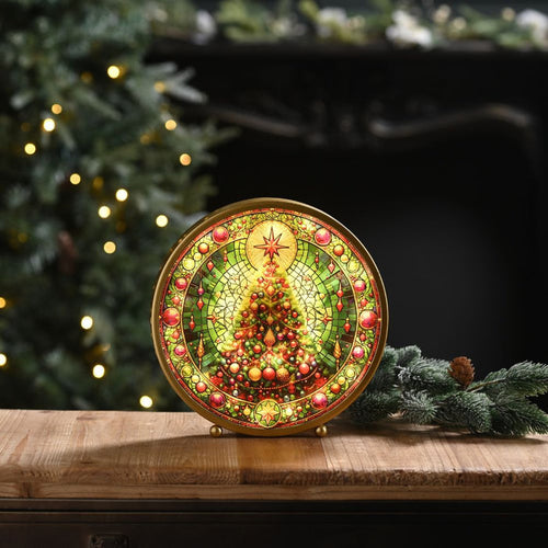 Festive 22cm Lit Stained Glass Christmas Tree Table Decoration