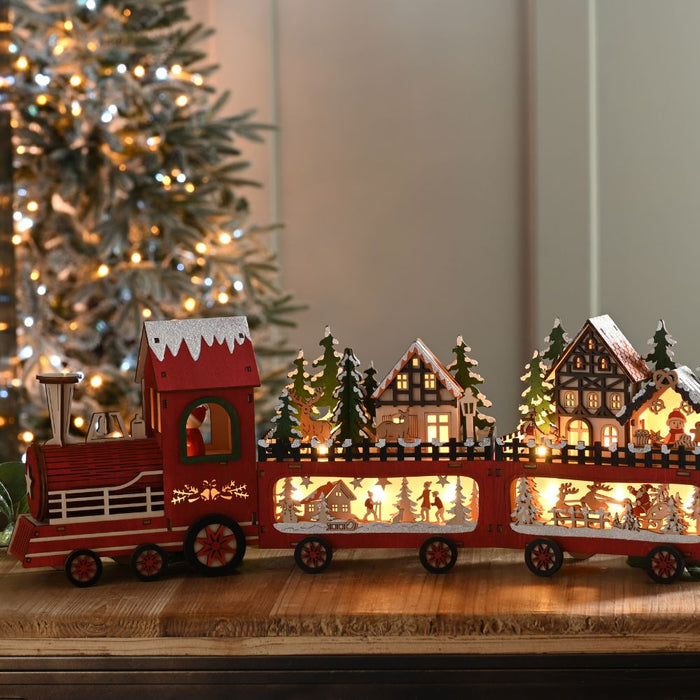 Festive 56cm Wooden Train Christmas Scene with Warm White LED's