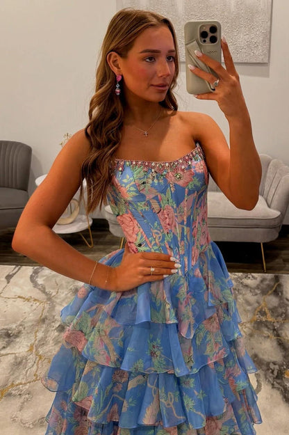 Floral Print A-Line Strapless Tiered Prom Dress with Fitted Corset And Slit