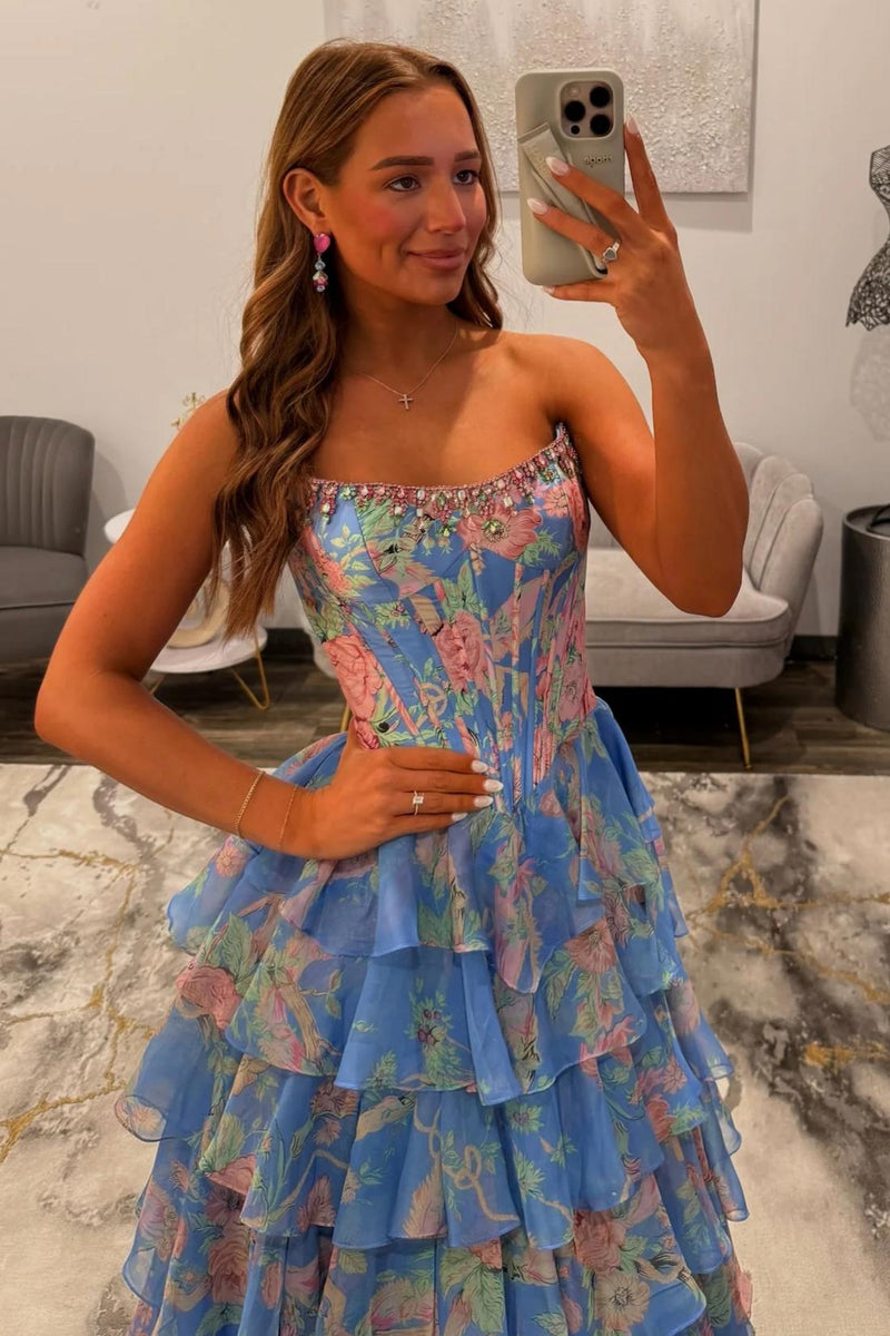 Floral Print A-Line Strapless Tiered Prom Dress with Fitted Corset And Slit